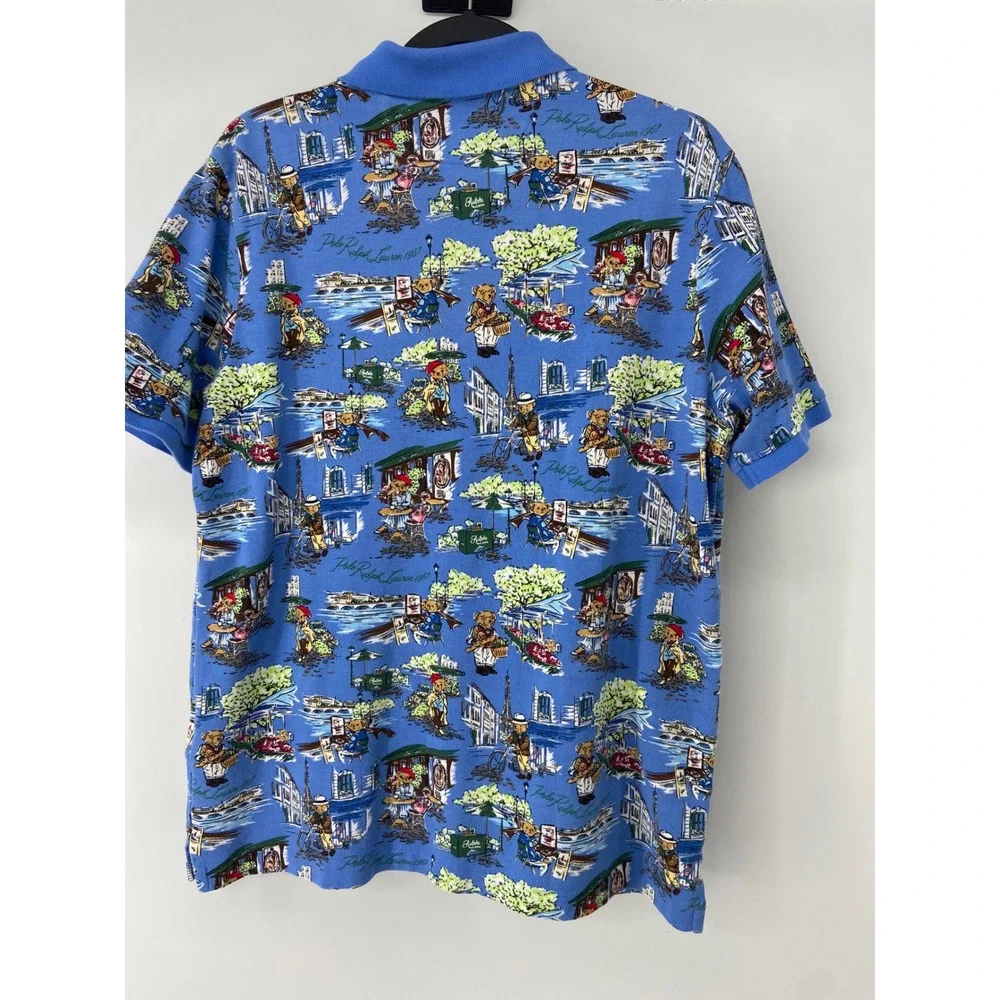 Polo Ralph Lauren Polo Shirt Men Large Blue Paris Bear Classic Fit Preppy Travel